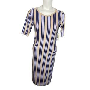 LuLaRoe Julia Beige Blue Stripe Bodycon Stretch‎ Soft Dress Small NEW